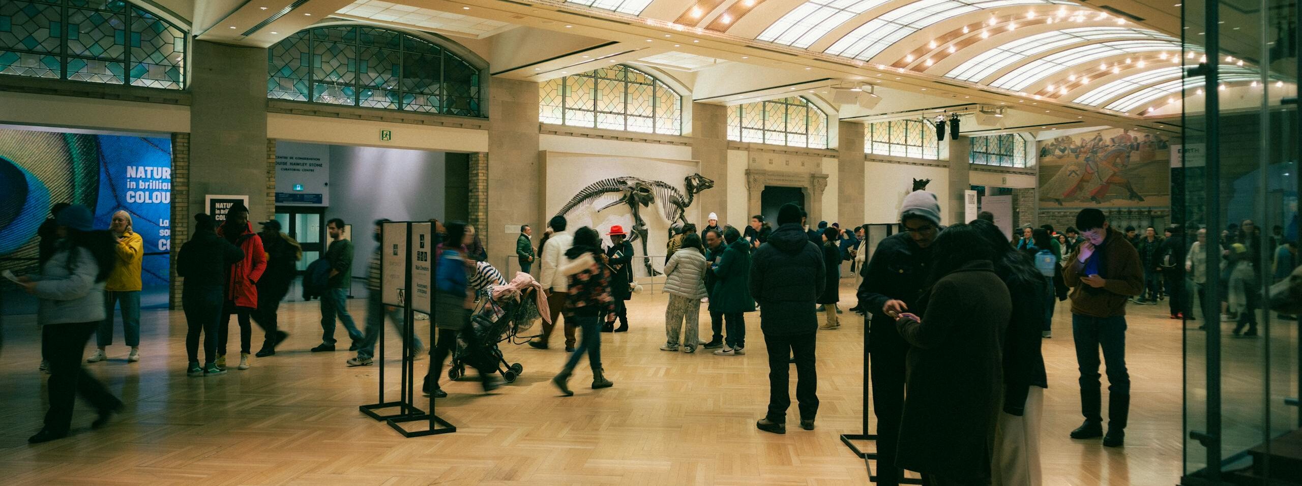 A bustling crowd enjoying the dinosaur exhibit at a Toronto museum, showcasing art and history.